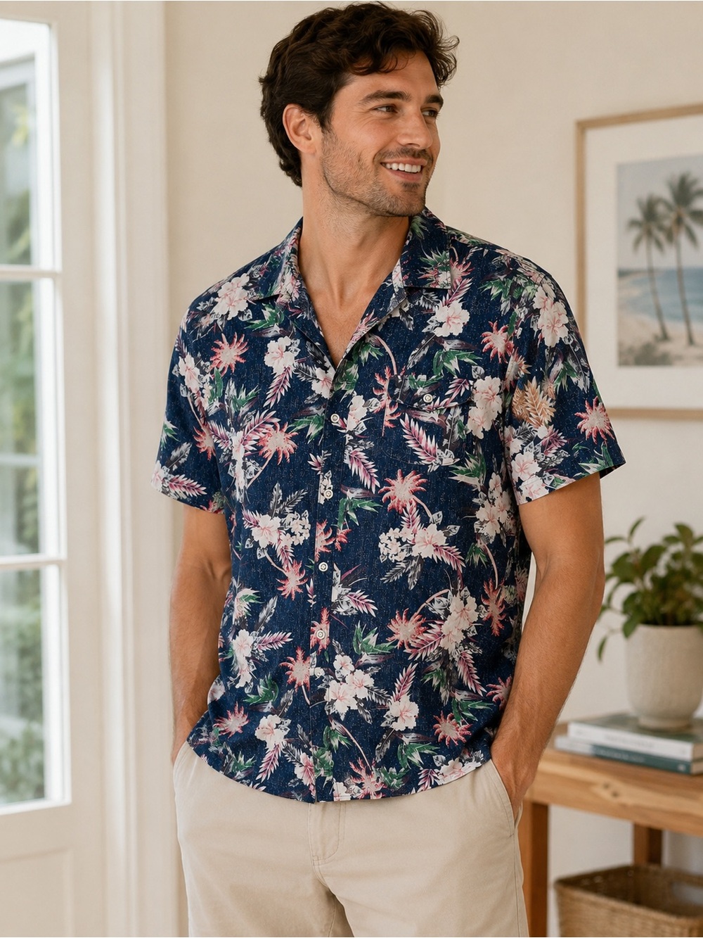 CWST Floral Print Button-Up Shirt in Navy & Cream XL